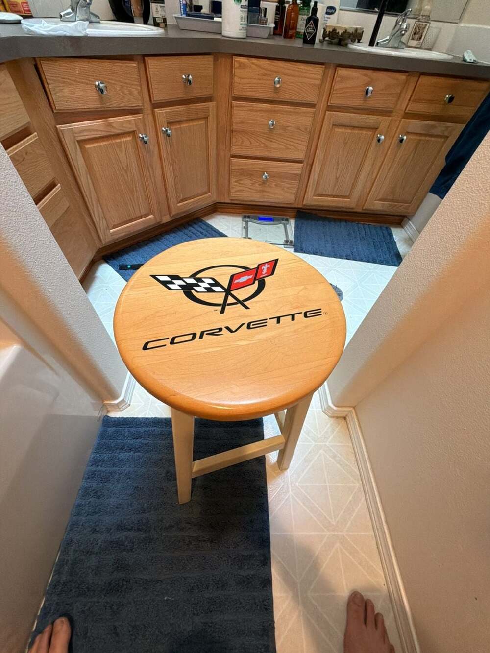 Chevrolet Corvette Logo Wooden Counter Height Bar Stool